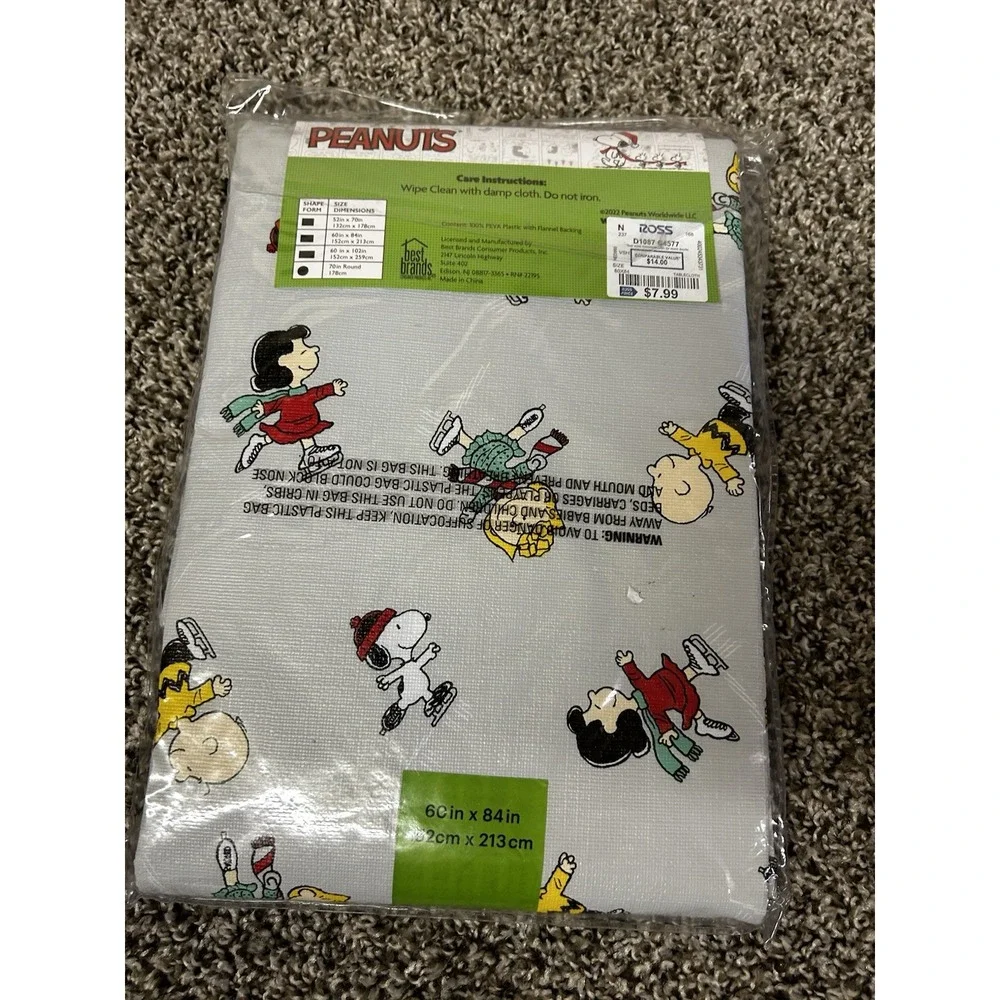 Peanuts Skating Christmas Peva Tablecloth 60x84 Flannel Backed Easy Wipe Clean‎